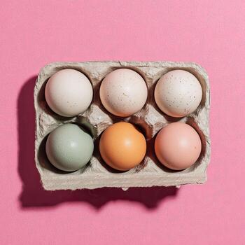 seis de varios colores huevos en un caja de cartón sentar en un rosado superficie, fundición un sombra foto