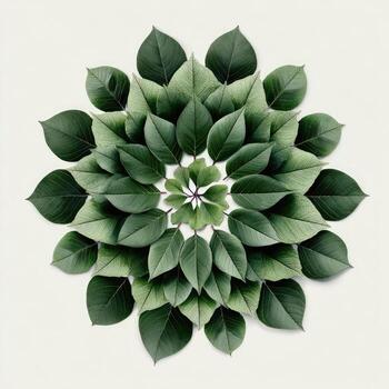 Green leaves arranged symmetrically, forming a mandala-like pattern on a cream-colored backdrop photo