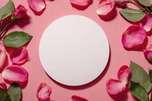 Pink background with a blank circle surrounded by rose petals and leaves photo