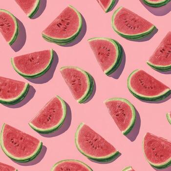 Sliced watermelon, arranged randomly, against a pink background, casting shadows photo