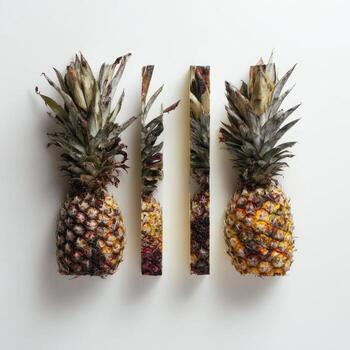 Two whole pineapples flanking sliced sections on a white backdrop photo