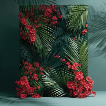 Lush palm leaves and red flowers frame a square against a teal backdrop with shadows photo