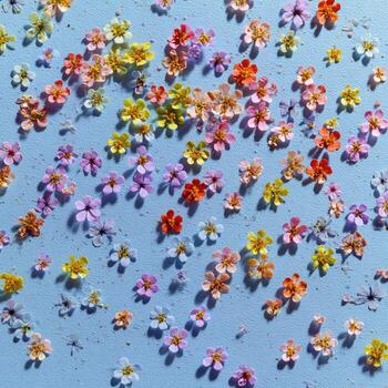 Scattered, colorful blossoms across a light blue surface, creating a joyful and airy pattern photo