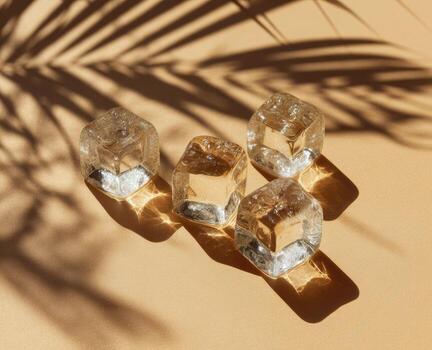 Four ice cubes cast shadows on a tan surface, with palm leaf shadow above photo