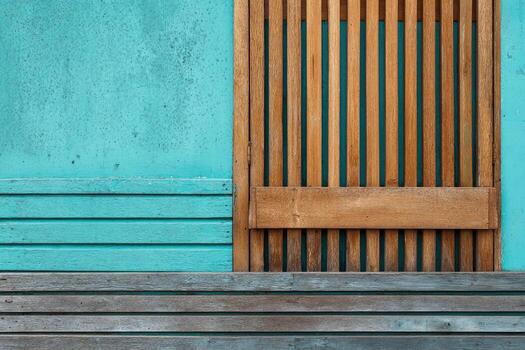 Textured turquoise and wood detail showing horizontal and vertical lines photo