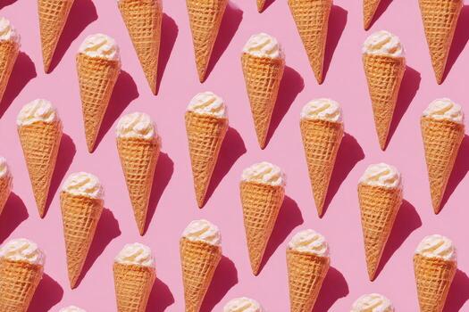 Uniformly arranged ice cream cones with white topping against a solid pink background, casting long shadows photo