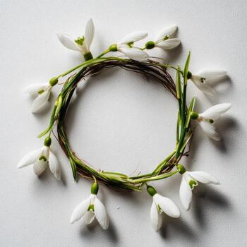 Overhead shot of white snowdrop flowers arranged in a circle on a white surface photo