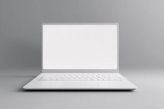Blank Screen Open Laptop. Laptop computer isolated on white background. Front View of Modern Notebook. Mockup, template for text. Clipping path for background and device screen. Planning, search, tech photo