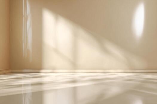 Minimal abstract background, light and shadow in the room. Cosmetic product presentation. Premium podium. Pastel soft beige wall, white floor. Showcase display case. Front view. Mockup. Overlay effect photo