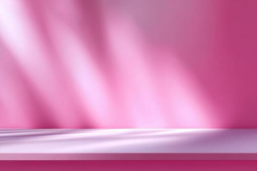 Minimal abstract background, light and shadow in the room. Cosmetic product presentation. Premium podium. Pastel soft pink wall, white floor. Showcase display case. Front view. Mockup. Overlay effect photo