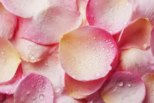 Pink beige rose petals background with dew drops. Petal Backdrop. Soft, fragrant petals texture filling frame. Curled flower petals, close up in full frame. Floral flat surface. Top view, copy space. photo