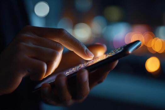 Point finger on screen phone closeup, person testing test message, touch blue screen on smartphone. Night Bokeh Light. Close-UP. Person using in hands mobile phone close up in the dark. Online wi-fi photo