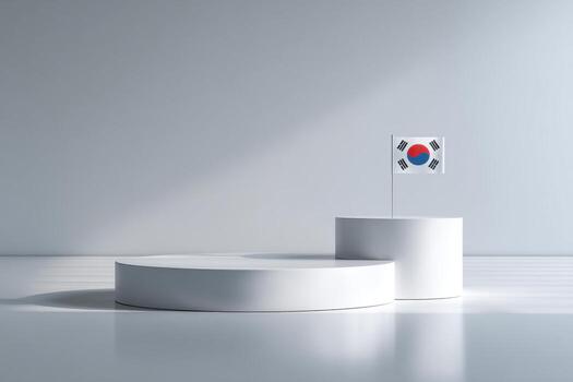 White Podium for Cosmetics, Items Presentation. South Korea Flag. Abstract Minimal Geometric Sphere. Cylinder Shape, Soft Shadow. Scene Show Product, Object. Showcase Display Case. Ad Blank Stand photo