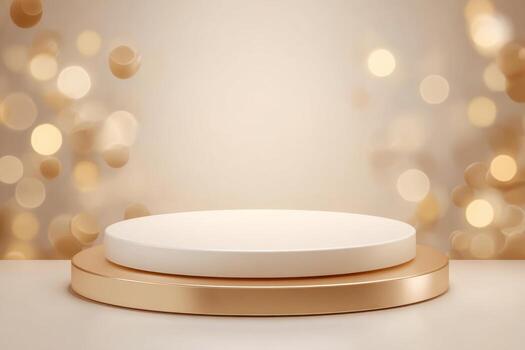 Podium for Cosmetics, Soap, Items Presentation. Golden festive bokeh. Abstract Minimal Geometric Sphere. Cylinder Shape, Soft Shadow. Scene Show Product, Object. Showcase Display Case. Ad Blank Stand photo
