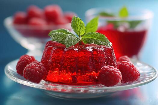 Delicate dessert raspberry jelly with mint leaves served on a white plate with blurred background. Close-up. Simple and delicious red jello with fresh berries. Glossy texture. Food magazine style photo