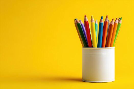 Close-Up of Vibrant Colorful Pencils in a pen holder isolated on yellow background. Banner, copy space. Colourful sharpened colored pencils for art projects, drawing, and creativity. Back to school photo