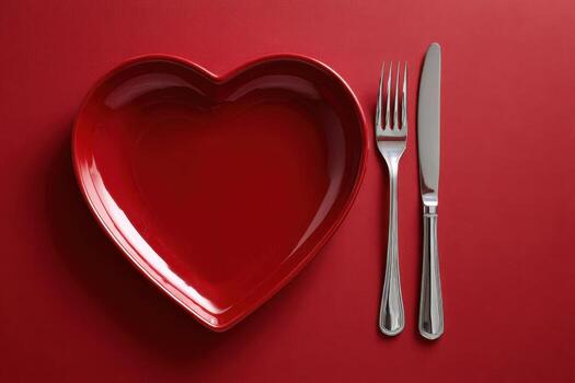 Heart shaped white plate on a red background. Empty Heart shape plate in table setting with fork and knife. Valentines day table set. Romantic Cutlery. Symbolizing amorous dining concept. Love mock-up photo