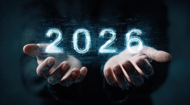 Man holds the holographic glowing numbers 2026 in his hand. Dark blue background. Progress. Metallic 2026 numbers on a both palms symbolizing futuristic digital innovation and advancing technology. photo
