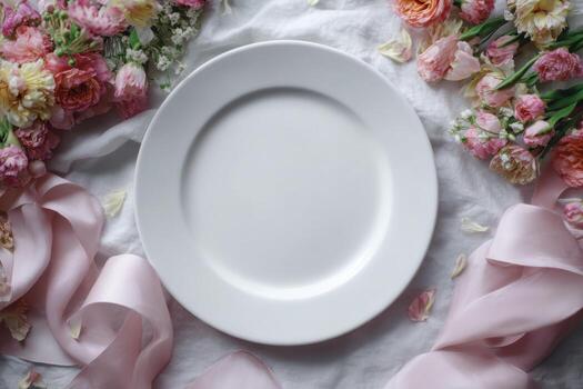 White blank plate on the table, surrounded by a wreath of flowers and with silverware. Gray concrete background. Floral spring display. Minimalist table setting for menu mockup, elegant dining idea photo