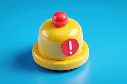 Notification alert bell with an exclamation mark symbol floating in the air on a blue background. 3D yellow bell with red exclamation mark. Cute reminder icon. Concept of attention alarm, data update photo