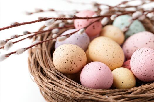 Pascua de Resurrección vistoso huevos en un cesta en blanco mesa. ligero gris estudio antecedentes. Pascua de Resurrección decorado huevos marco. contento Pascua de Resurrección tarjeta diseño. Copiar espacio. horizontal bandera. póster, burlarse de arriba. sencillo minimalismo foto