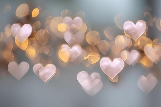 Defocused pink and golden heart shaped bokeh light. Abstract grey gradient background hearts bokeh. Holiday, Valentines Day backdrop. Ideal to layer design. Glowing Hearts Festive overlay effect photo