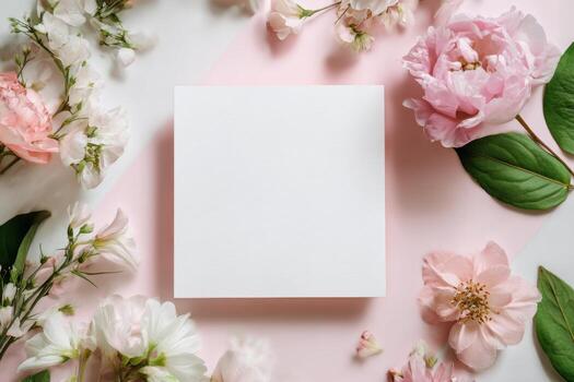 Blank square greeting card, invitation mockup. Blossom flowers plant on pink table background. Flat lay, top view. Copy space. Frame mock up. Modern Minimal business brand template. Soft shadow. Roses photo