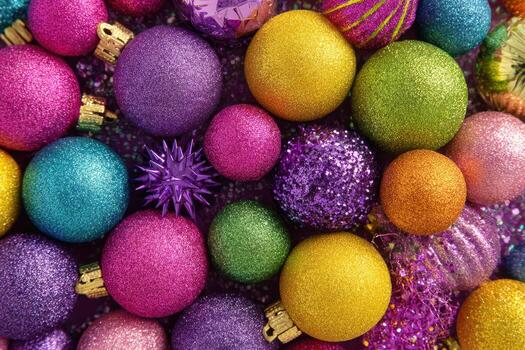 Christmas Ornaments Vivid Background. Close up a Colorful Glitter Christmas Tree Decoration Items. Backdrop of New Year Ornate. Many Shiny Xmas Multicolored Bauble, Balls and Bulbs. Top View, Frame. photo