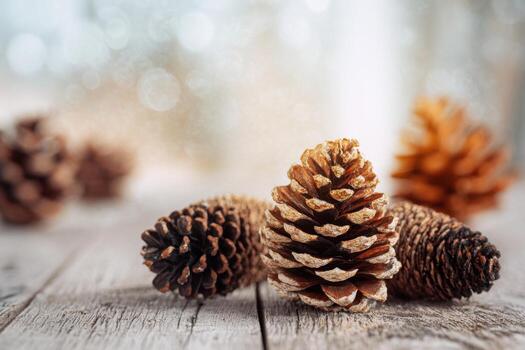 Pine cones on a wooden table, close-up view, blurred background, bokeh effect, macro. Christmas and winter design. Dry, coniferous tree cones. DIY. Autumn, fall mood. Earth tones, natural colors photo