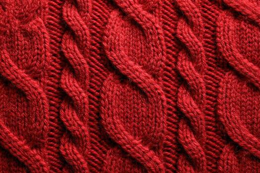 Red sweater texture background, cable knit pattern, intricate textures. For design projects, product presentation. Soft Knitted Woolen Detailed Pattern. Natural Fabric Knitwear, Warm Cashmere Surface. photo