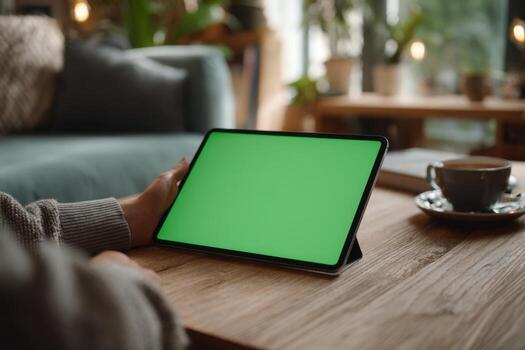 Young person holding a digital tablet with green screen in a dining room. Computer Mockup. Person using digital tablet green background display. Chroma key device. Closeup. Personal view. POV photo