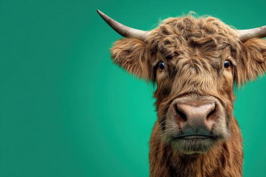 Brown ox portrait isolated on green color background. Funny tiger in front looking at camera on a bright green screen. Space for text. Studio backdrop. Wildlife. Wild animals. photo