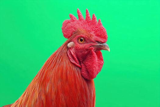 Brown rooster walking isolated on a green screen. Perfect for animal, farm, and Easter themes. Chicken hen on green background. 3d animation. chroma key, character animation, design element. Humor photo