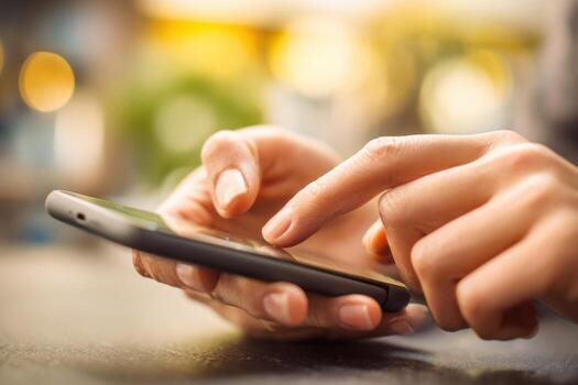 Close-up of hands typing on a mobile phone, interact with technology. People use smartphone. Girl holding and using a phone, blurred city background. Point finger touch the device screen. Online wi-fi photo