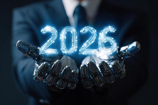 Man holds holographic glowing numbers 2026 in his hand. Dark blue background. Progress. Metallic 2026 numbers on a both palms symbolizing futuristic digital innovation and advancing technology. photo