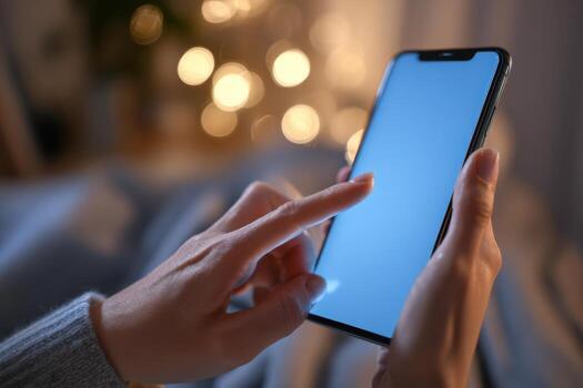 Point finger screen phone closeup, person testing test message, touch blue screen on smartphone. Night Bokeh Light. Close-UP. Person using in hands mobile phone close up in the dark. Online wi-fi photo