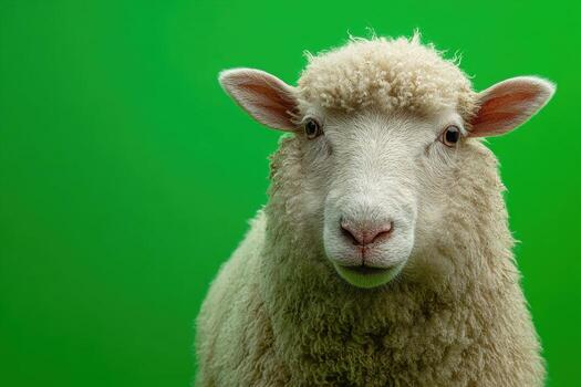 Sheep isolated against a on a solid green studio background. Lamb portrait banner style image. Soft light. Frontal head view. Fluffy wool texture. standing pose. Cute Farm Animal Scene Ram, Ewe. photo