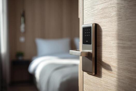 Smart door lock system, digital keypad, fingerprint scanner, keyhole on brown door. Modern house security, technology, wireless access, smart home automation. Electronic code control, protection. photo