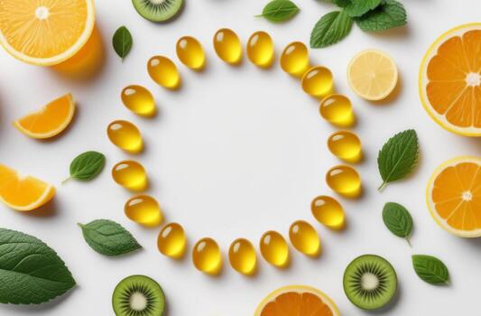 Yellow vitamin capsules arranged around a circular space for text. Clean white background. Slices of fresh citrus fruits, kiwi emphasizing the importance of natural sources of vits. Health supplement photo