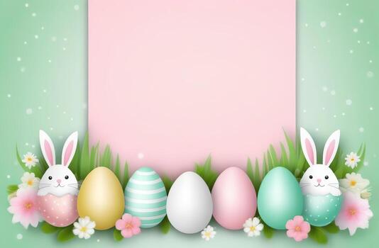 Beautiful Easter eggs with a colored coating arranged in a row with copy space for text. Easter card in a fresh green and pastel pink tones. Happy spring festive background. Easter bunny ears eggs. photo