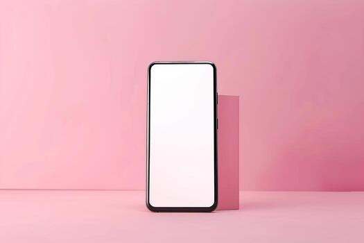 Phone with vertical white screen isolated pink background. Mock Up Display. Smartphone gadget for advertising. Front view Mobile phone with empty blank screen. Layout template. Smart phone device ad photo