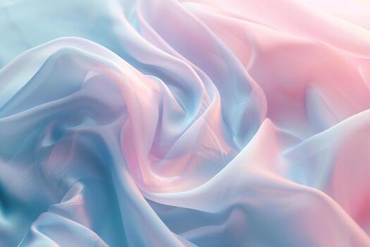 Blue pink pastel soft fabric light texture. Crumpled textile background with large folds. Abstract waved textured cloth. Mute tones. Flowing, ripple surface of pale calico curtain. Spectrum gradient photo