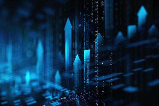 High tech stock market data on digital screen. Dark dynamic background of charts, graphs, and numbers. Blue light. Immersive financial theme for media design projects. Trading charts, bar, arrows photo