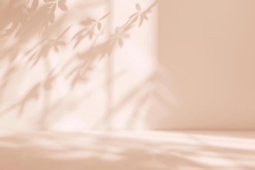 Minimal abstract background with light and shadow of tree leaves. Cosmetic product presentation. Premium podium. Pastel beige peach fuzz wall, white table. Showcase display case. Front view. Mockup ad photo