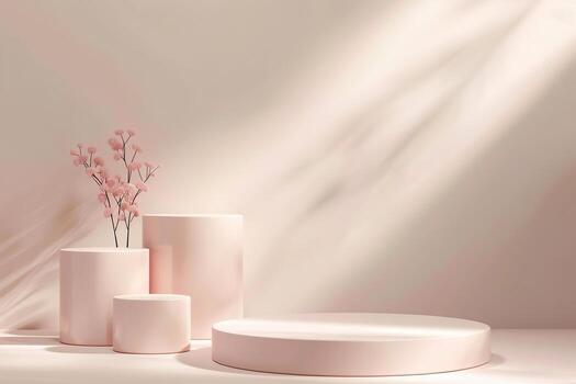 Three Round Podiums Cosmetic, Soap, Items Presentation. Abstract Minimal Geometric Pedestal. Cylinder Forms, Soft Shadow. Product Object Show Scene. Showcase, Display Case. Beige Stand Backdrop Ad photo