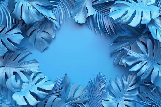 Tropical leaves frame. Blue color tropics foliage on a blue solid background. Empty space in the center for product presentation. Flat lay, top view, copy space. Summer concept, minimalists style photo