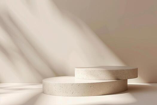 Two Round Podiums for Cosmetic, Soap, Items Presentation. Abstract Minimal Geometric Pedestal. Cylinder Two Forms, Soft Shadow. Product Object Show Scene. Showcase, Display Case. Beige Stand Backdrop photo