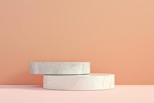 Two Round Podiums for Cosmetic, Soap, Items Presentation. Abstract Minimal Geometric Pedestal. Cylinder Two Forms, Soft Shadow. Product Object Show Scene. Showcase, Display Case. Peach Stand Backdrop photo