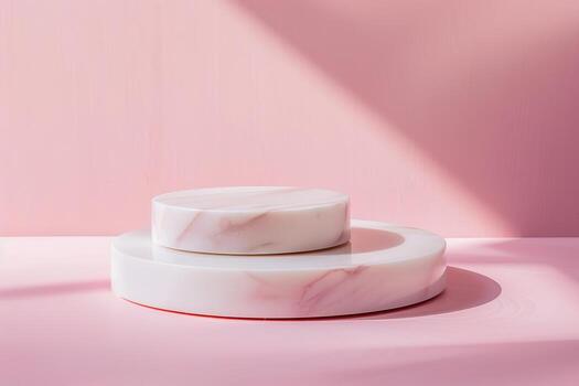 Two Round Podiums for Cosmetic, Soap, Items Presentation. Abstract Minimal Geometric Pedestal. Cylinder Two Forms, Soft Shadow. Product Object Show Scene. Showcase, Display Case. Pink Stand Backdrop photo