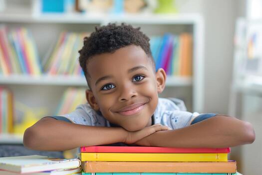 Back to school. Little boy sitting at table with a stacks of books, looking at camera. Library or classroom blurred background. Portrait of joyful child during education. Funny kid like to read book photo